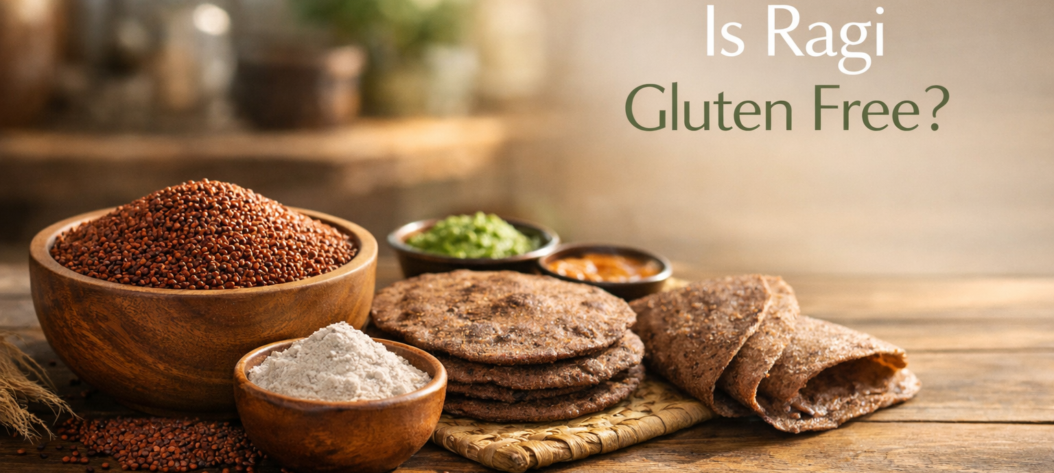 Raw ragi grains in wooden bowl with ragi flour, ragi roti and ragi dosa on rustic table with text Is Ragi Gluten Free and Rishi Millets Store branding