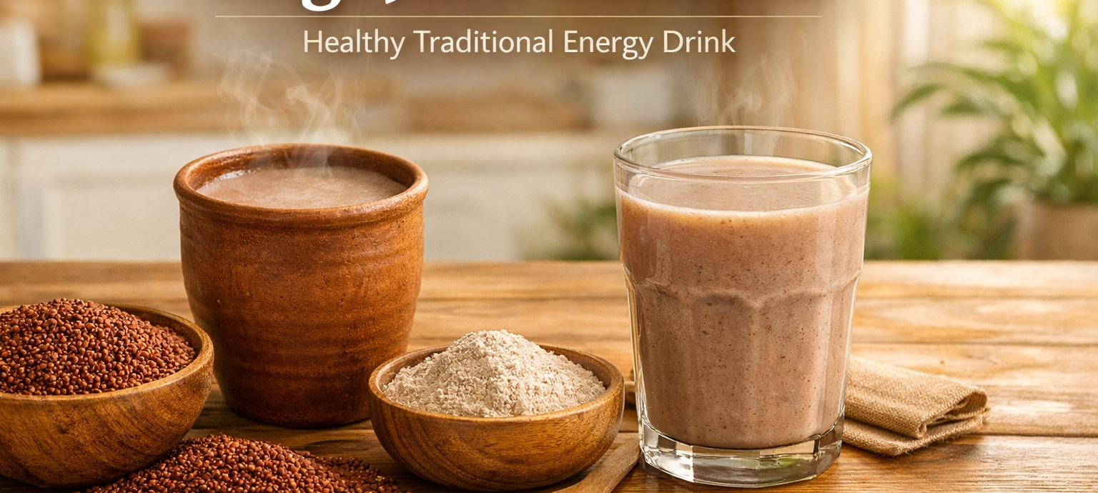 Traditional ragi java drink in clay cup showing ragi java benefits and healthy millet drink from Rishi Millet Store