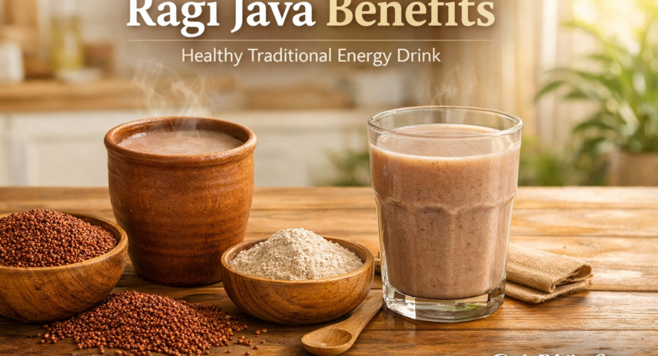 Traditional ragi java drink in clay cup showing ragi java benefits and healthy millet drink from Rishi Millet Store