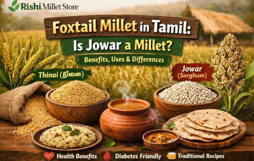 Foxtail millet (Thinai) and jowar grains with traditional Indian dishes, showing health benefits and differences between these nutritious millets