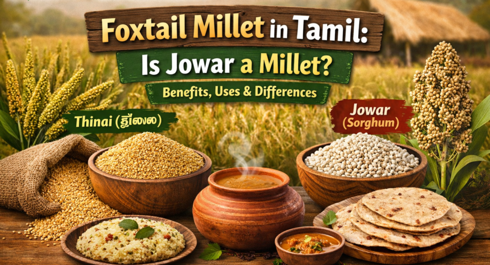 Foxtail millet (Thinai) and jowar grains with traditional Indian dishes, showing health benefits and differences between these nutritious millets